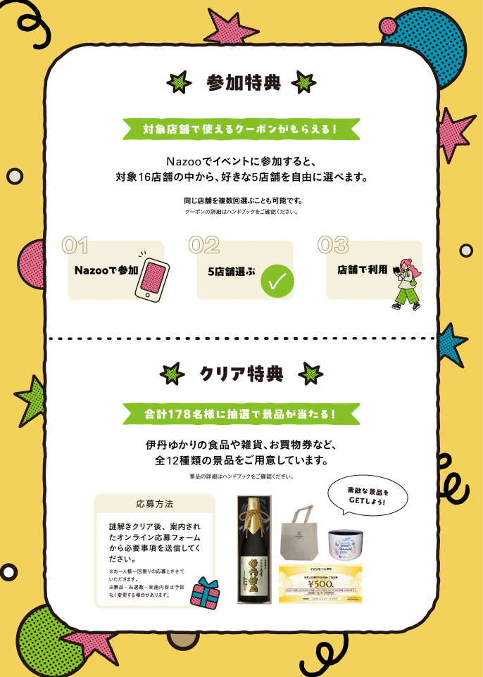 参加特典：対象店舗で使えるクーポンがもらえる！Nazooでイベントに参加すると、対象16店舗の中から、好きな5店舗を自由に選べます。同じ店舗を複数回選ぶことも可能です。クーポンの詳細はハンドブックをご確認ください。手順は、01 Nazooで参加、02 5店舗選ぶ、03 店舗で利用。クリア特典：合計178名様に抽選で景品が当たる！伊丹ゆかりの食品や雑貨、お買物券など、全12種類の景品をご用意しています。景品の詳細はハンドブックをご確認ください。応募方法：謎解きクリア後、案内されたオンライン応募フォームから必要事項を送信してください。※お一人様一回限りのご応募とさせていただきます。※景品・当選数・実施内容は予告なく変更する場合があります。